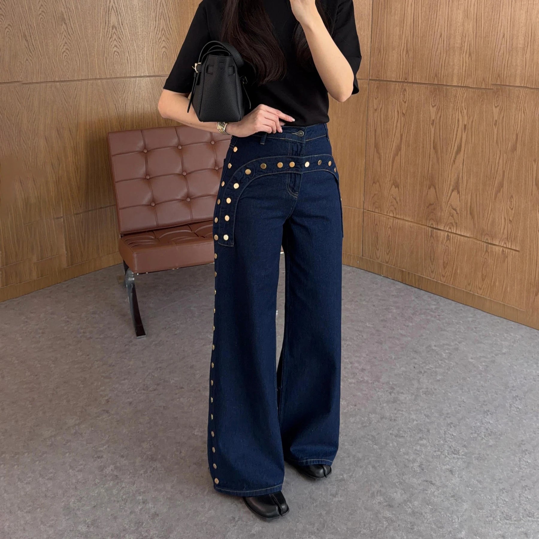 KT 2026 New Women's Dark Blue Wide Leg Jeans Gold Studded Detail High Waist Pocket Decorative Denim Pants