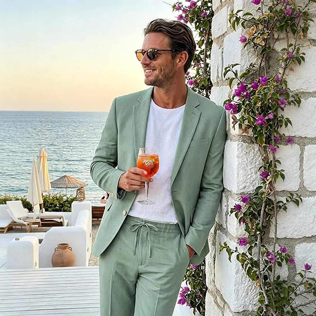 Men's Linen Suit 2 Piece Set Blazer & Drawstring Pants Business Casual Suit Jacket Trousers Summer Beach Wedding Formal Outfit