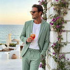 Men's Linen Suit 2 Piece Set Blazer & Drawstring Pants Business Casual Suit Jacket Trousers Summer Beach Wedding Formal Outfit