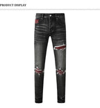 Men's Fashionable Black/Gray Jeans with Pleats Nostalgic Perforations Red Patches Washed Water High Street Style