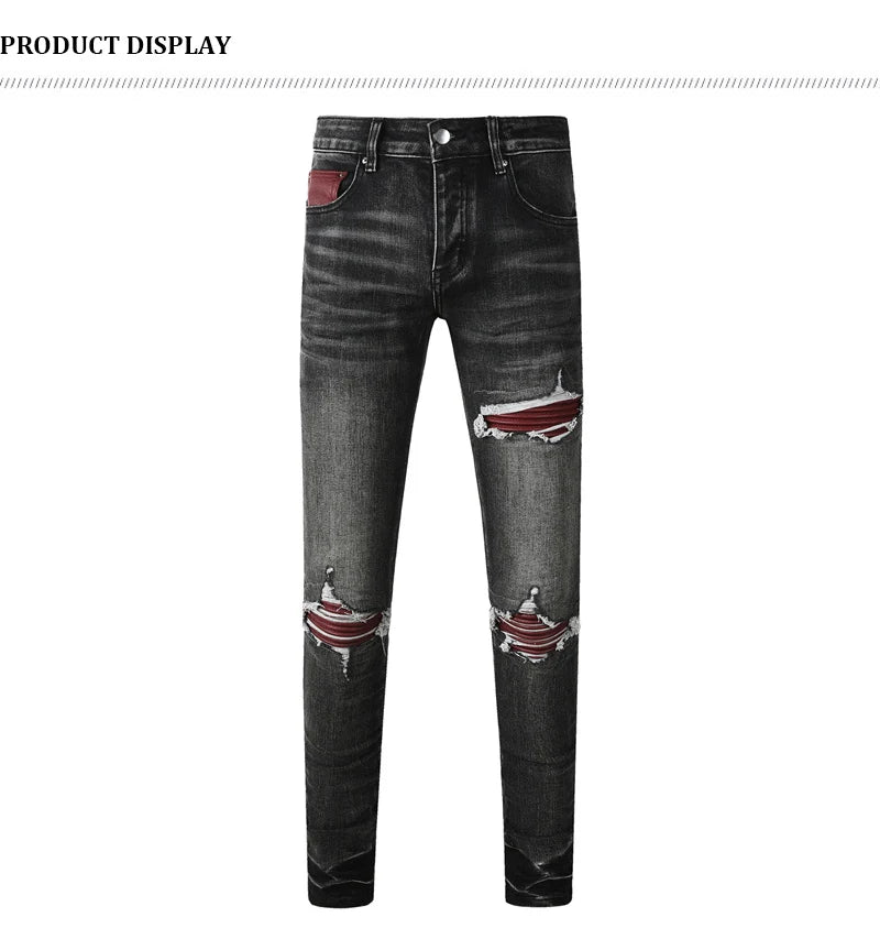 Men's Fashionable Black/Gray Jeans with Pleats Nostalgic Perforations Red Patches Washed Water High Street Style