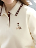 I BELIEVE YOU Polo Neck Long Sleeved T-shirt for Women Autumn 2025 Apricot Casual Tees Contrast Color Embroidery Top 2253016181
