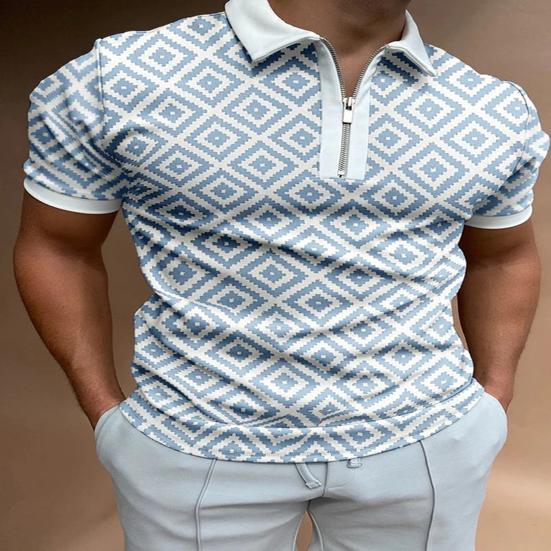 Geometric Colorblock 3D Print Polo Zipper Short Sleeve Shirt for Men
