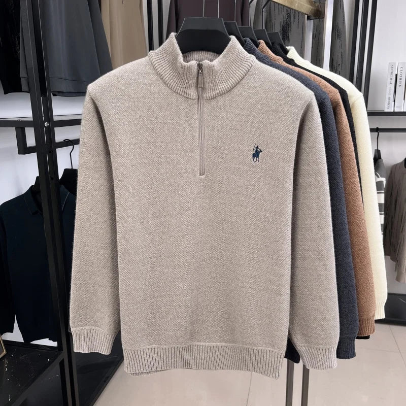 Luxury Quality Men Long-Sleeved Knitwear Mock Neck Half-Zip Thicken Horse Embroidery Spring New Pullover Fashion Casual MensWear