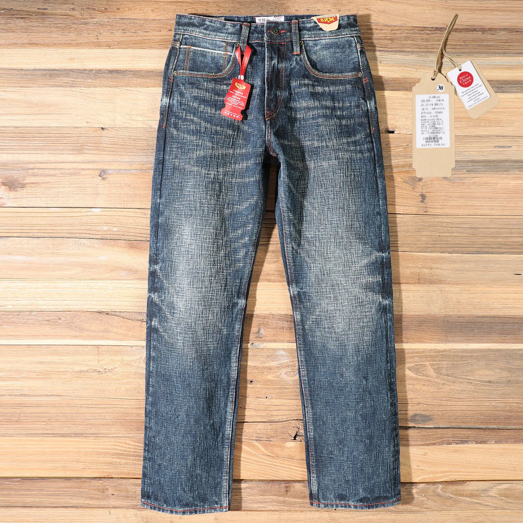 22oz Heavyweight 100% Cotton Washed Men's Selvedge Denim Jeans Taiwan Hand-spun Yarn Plant-dyed Standard Straight Fit Pants 5KM