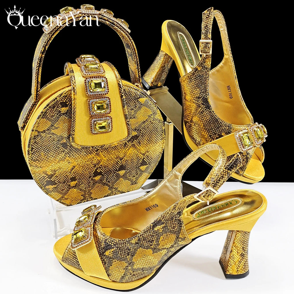 2025 Elegant Green Peep-Toe Women Heel Pumps for Italian Matching Party Shoes and Bags Set for Parties with Diamond Accents