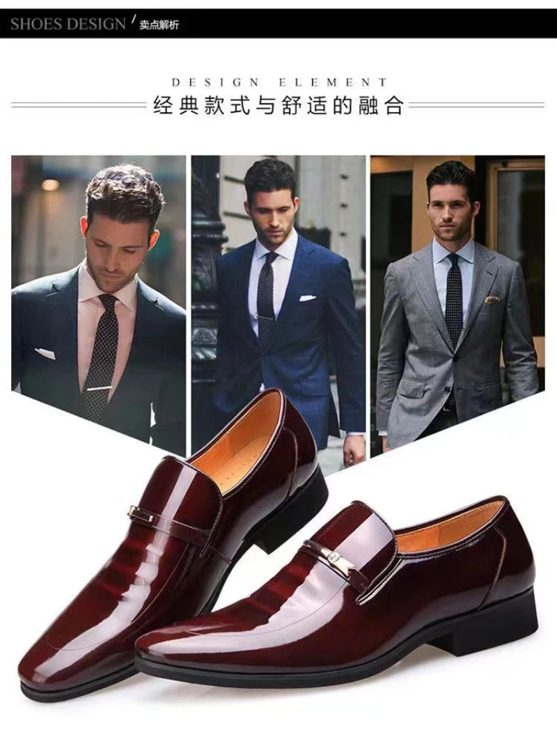 Mens Formal Wine Red Patent Leather Loafers Pointed Toe Slip On Shoes Hollow Out Non SlipBreathable Design Metal Buckle Decor