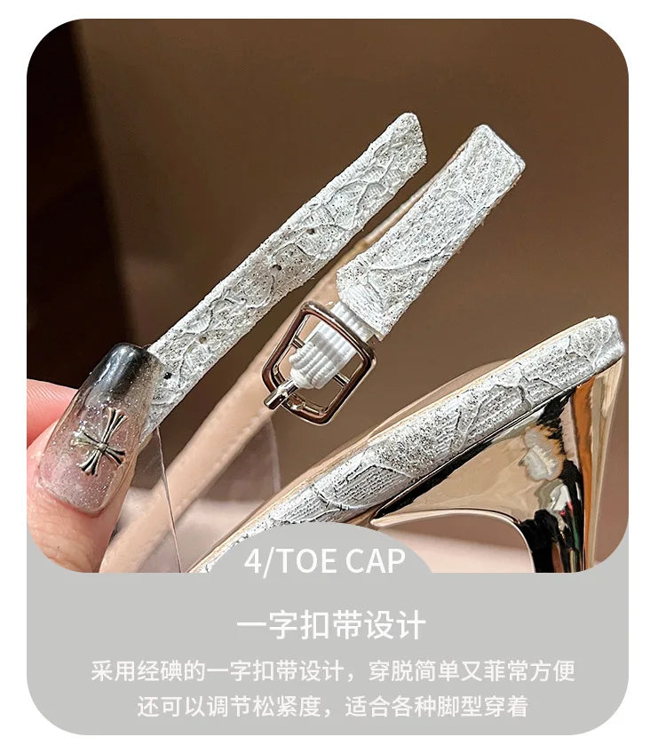 French Bride Gold Wedding Shoes spring women Thin Heel Pointed Shallow Mouth Flower Rhinodrill High Heels  Fashion Sandals