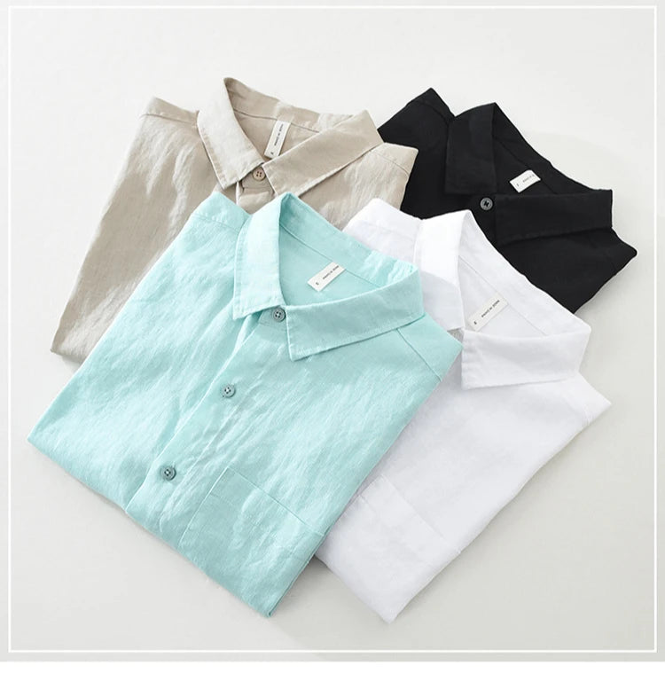 100% Linen Short Sleeve Shirt for Men Breathable Summer Casual Top Minimalist Loose Fit Button-Up Shirt  Natural Wrinkle Texture