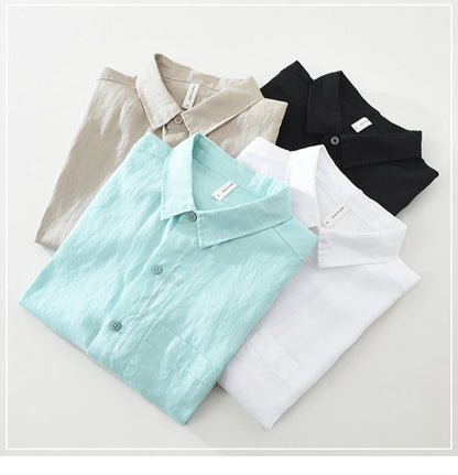 100% Linen Short Sleeve Shirt for Men Breathable Summer Casual Top Minimalist Loose Fit Button-Up Shirt  Natural Wrinkle Texture