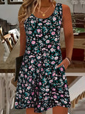 Women's Sleeveless Round Neck Casual Vacation Dress, Small Floral Print, Summer Beach Outfit