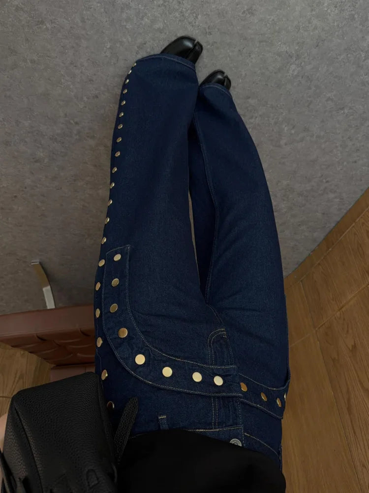 KT 2026 New Women's Dark Blue Wide Leg Jeans Gold Studded Detail High Waist Pocket Decorative Denim Pants