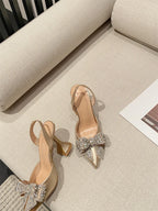 Liyke Spring Summer Fashion Rhinestone Bowknot Women Pumps Sexy Silk Pointed Toe Strange High Heels Party Prom Shoes Gold Silver