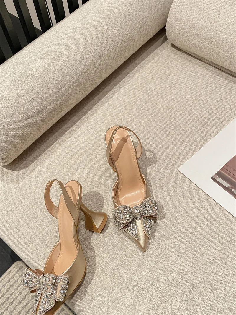 Liyke Spring Summer Fashion Rhinestone Bowknot Women Pumps Sexy Silk Pointed Toe Strange High Heels Party Prom Shoes Gold Silver