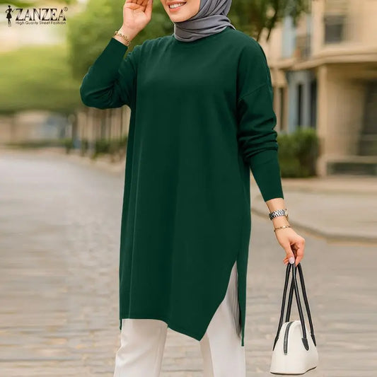 2026 ZANZEA Muslim Hijab Blouse Women Spring Long Tops Turkey Abaya Fashion O Neck Long Sleeve Knitted Shirt IsIamic Clothing
