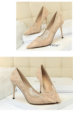 2024 Black Flower Lace Mesh Pumps Women Pointed Toe Shallow Fashion Party Single Shoes Show Thin High Heel Office Shoes