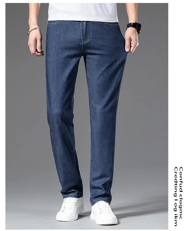 2026 Stretch Men's Fitted Straight Jeans Korean Youthful Vitality Spring Summer Thin Breathable Cotton  Lightweight Trousers