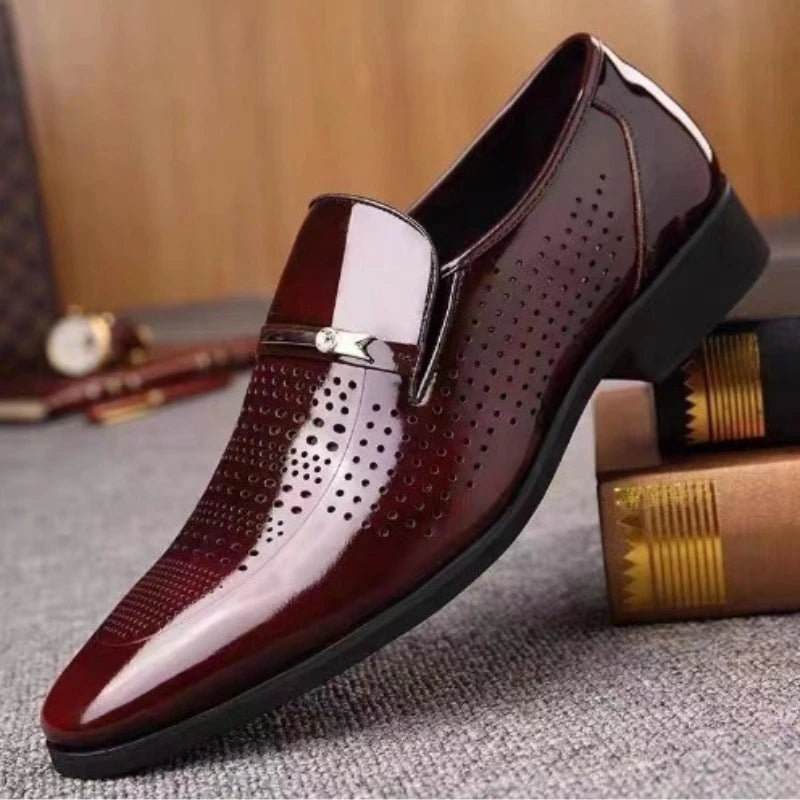 Mens Formal Wine Red Patent Leather Loafers Pointed Toe Slip On Shoes Hollow Out Non SlipBreathable Design Metal Buckle Decor