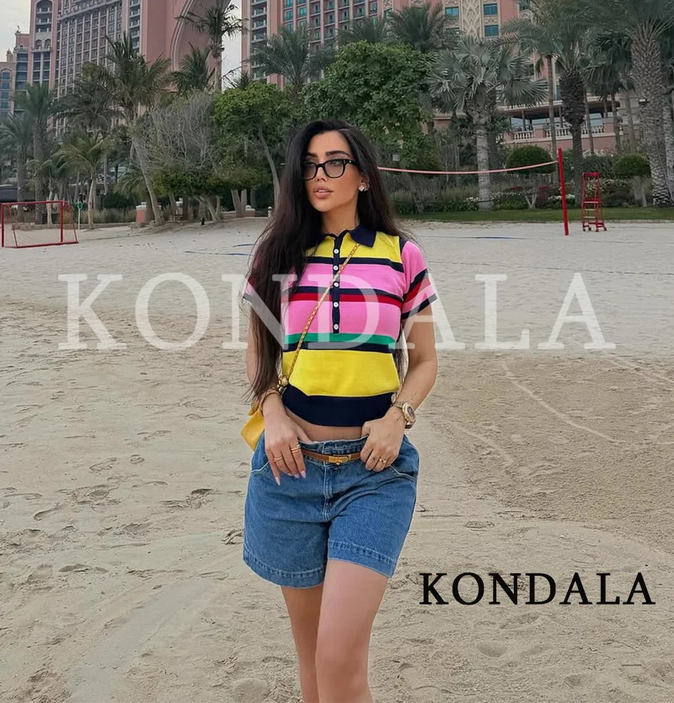 KONDALA Trendy Contrasting Colors Striped Tops Women Casual High Street Polo Shirts 2026 Summer Fashion Holiday Chic Knitted Top