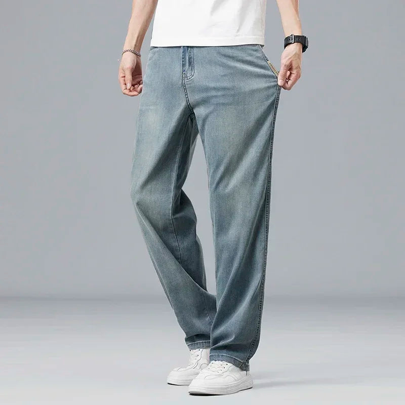 2026 New Summer Ultra-thin Lyocell Men's Jeans Drape Soft Fabric Loose Straight Casual Denim Pant Elastic Ice Silk Male Trousers