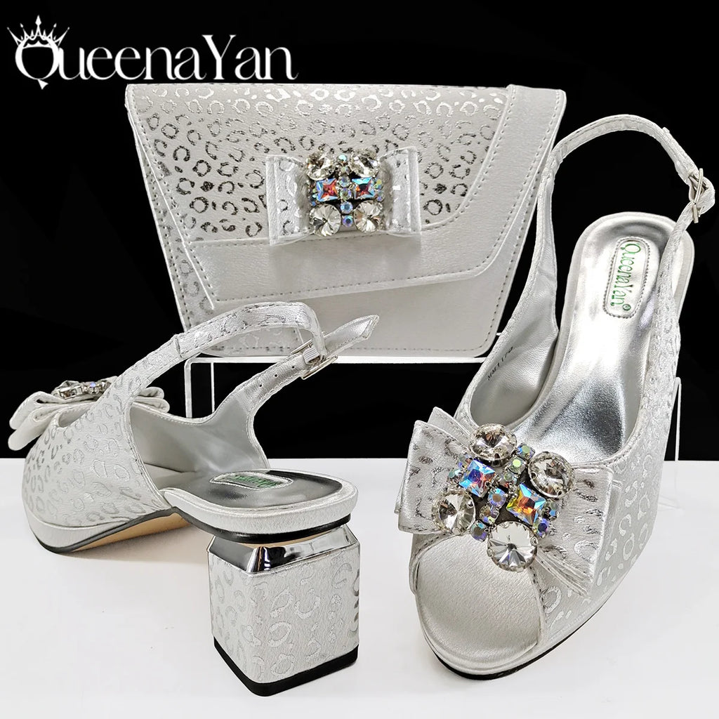 Queena Yan  2025 Shiny Italian Fashion Pointed Toe Women Heel Fashion Rhinestone Decoration Pink Color Shoes And Bag Set