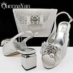 Queena Yan  2025 Shiny Italian Fashion Pointed Toe Women Heel Fashion Rhinestone Decoration Pink Color Shoes And Bag Set