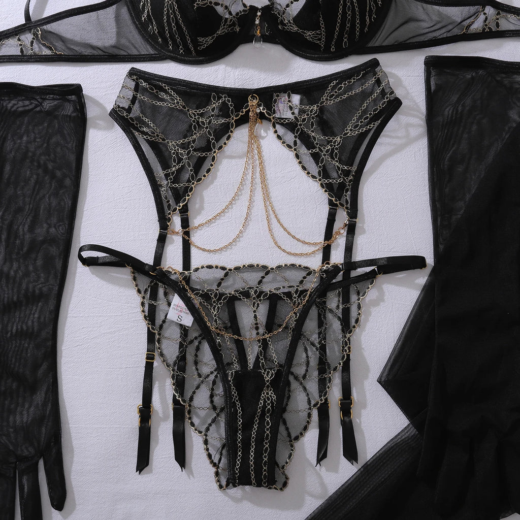 Ellolace Romantic Women's Lingerie Sets Elegant Chains Bra Belt Thong 3PC with Gloves Stockings Shiny Intimate Honey Underwear