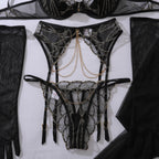 Ellolace Romantic Women's Lingerie Sets Elegant Chains Bra Belt Thong 3PC with Gloves Stockings Shiny Intimate Honey Underwear