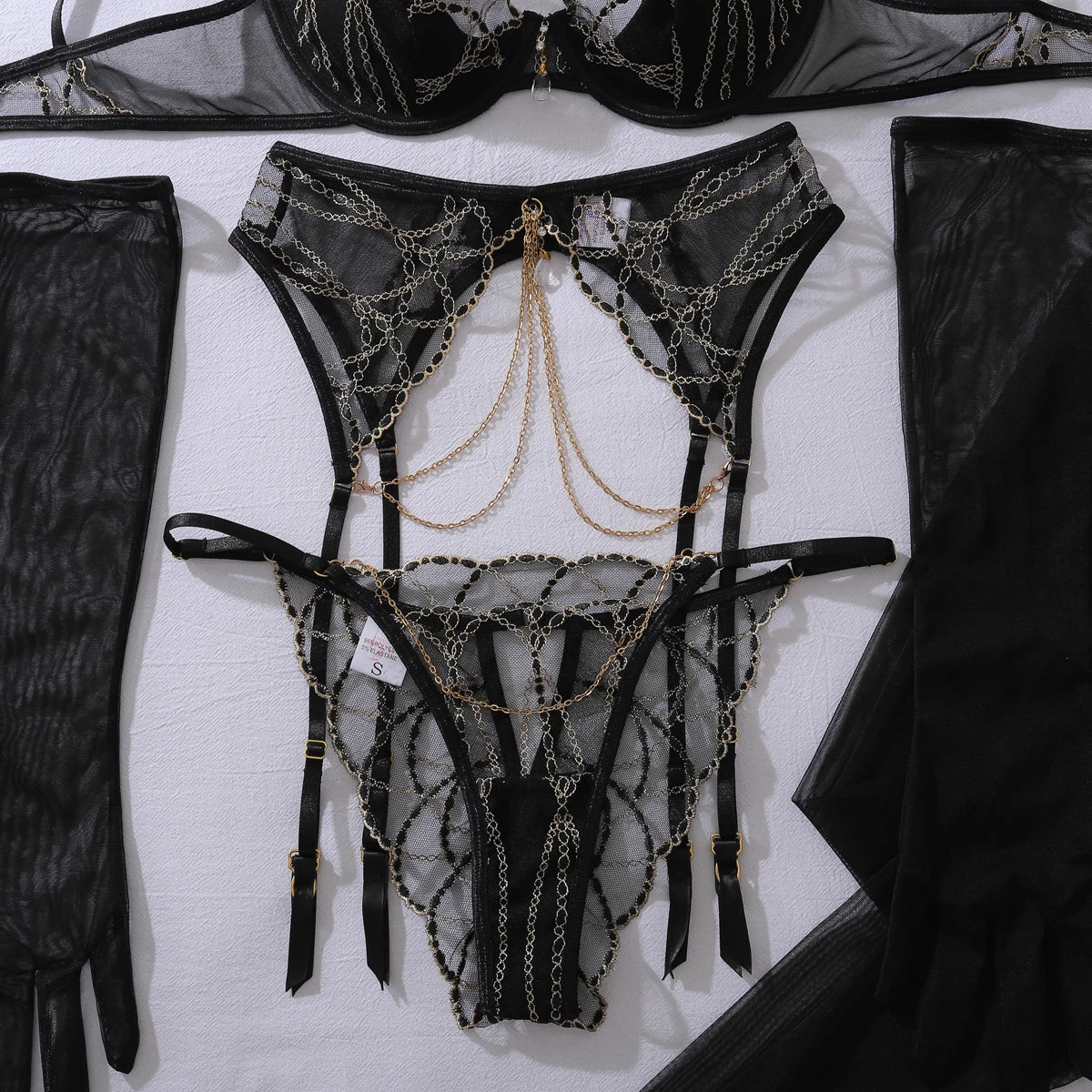 Ellolace Romantic Women's Lingerie Sets Elegant Chains Bra Belt Thong 3PC with Gloves Stockings Shiny Intimate Honey Underwear