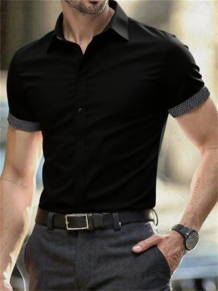 Men's short-sleeved shirt summer slim casual dress light and thin elastic no iron business shirt fashion luxury all seasons