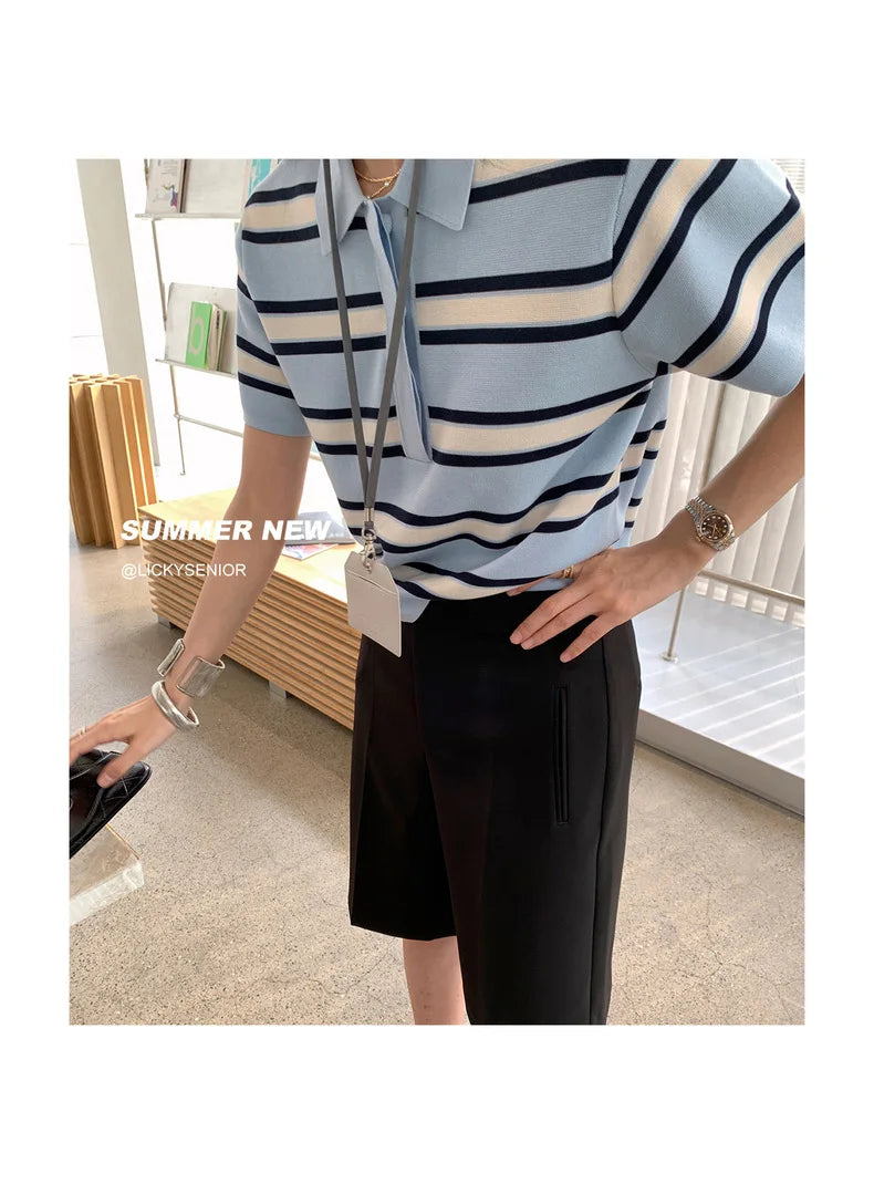 Striped POLO Neck Ice Silk Short Sleeved Women's Summer Thin Fashion Loose Lapel Knit Top
