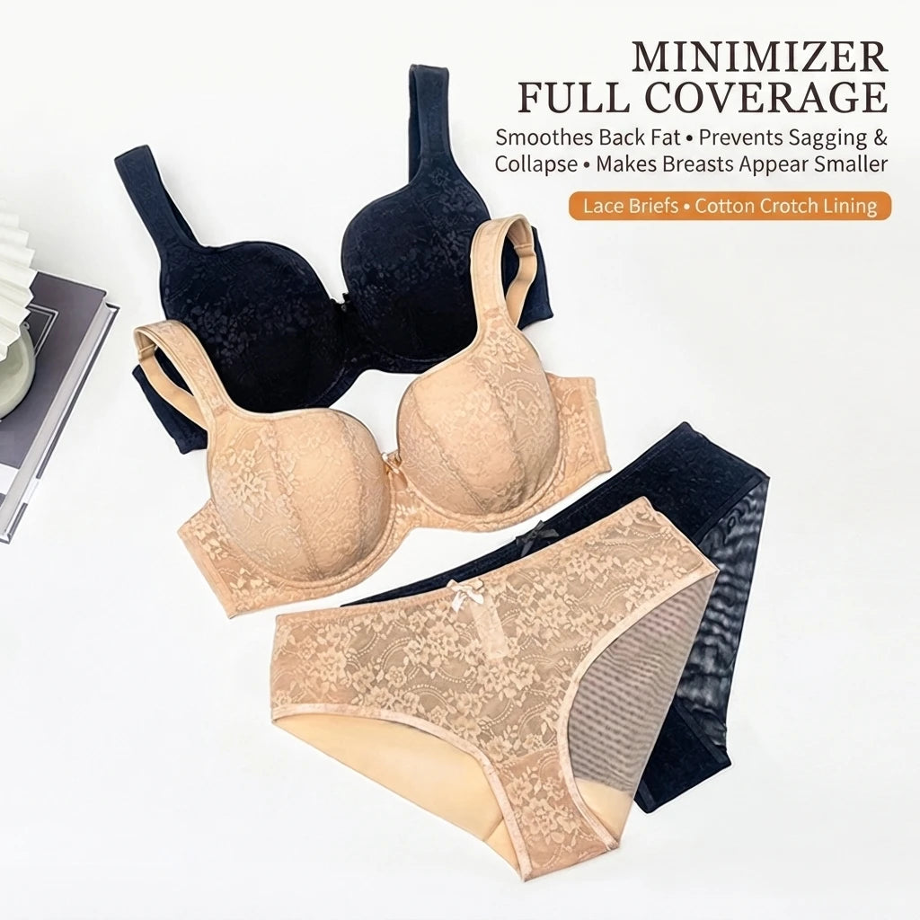 Women Plus Size Minimizer Lace Bra And Panty Set Underwire Full Coverage Big Cup D E F G H I J Smooth Back Fat Lingerie 2 Pieces