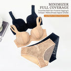Women Plus Size Minimizer Lace Bra And Panty Set Underwire Full Coverage Big Cup D E F G H I J Smooth Back Fat Lingerie 2 Pieces