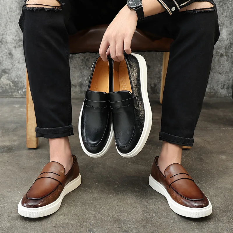 New 2025 Summer Men Casual Slip On Dress Shoes Black Brown British Style Platform Men Driving Loafers Shoes