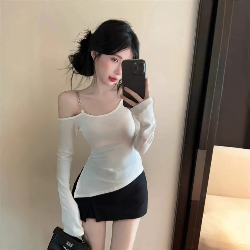 Pure And Elegant Irregular-necked Off-the-shoulder Tight T-shirt For Women
