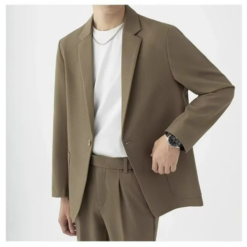 KIDWHXR Men 2-piece Outfit Loose Single-breasted Blazer Male Straight-leg Pant Man Korean Simple Solid Business Casual Suit Set