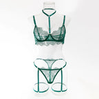 4 Piece Green Eyelash Lace Lingerie Set, Underwire Halter See Through Sexy Lingerie with Detachable Leg Straps
