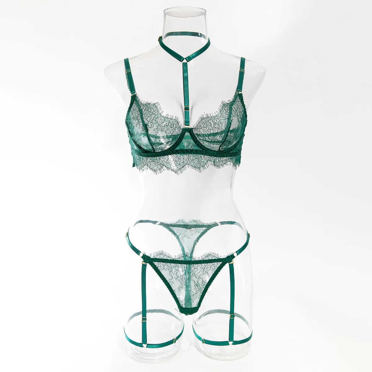 4 Piece Green Eyelash Lace Lingerie Set, Underwire Halter See Through Sexy Lingerie with Detachable Leg Straps