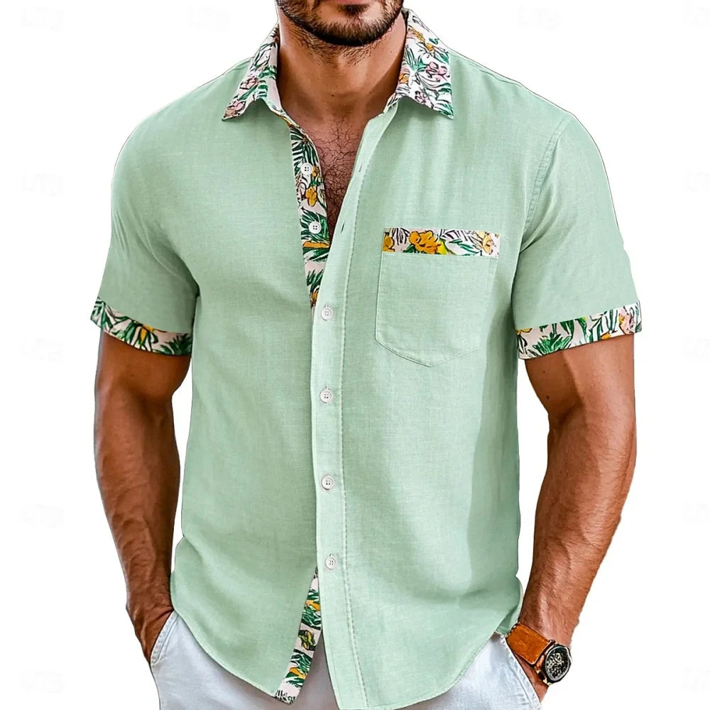 Men's Plus Size Short Sleeve Lapel Shirt with Patchwork Pocket 10 Color Printed Fashionable Designer Comfortable Shirt