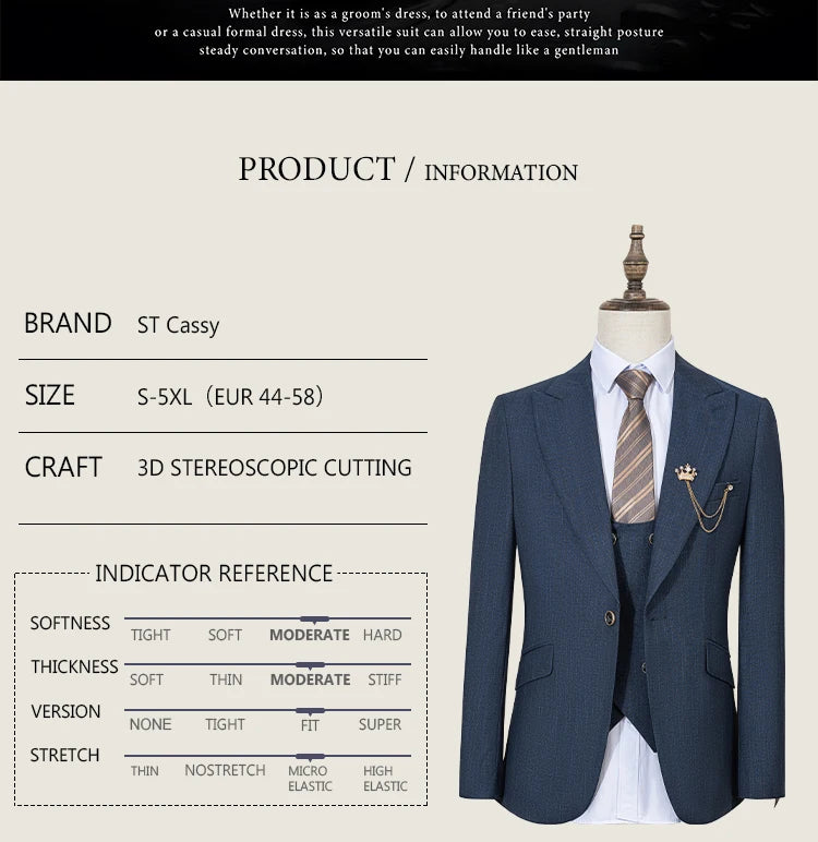ST Cassy High-End Brand Formal Business Men's Suits Single Breasted Solid Color Slim Fit Suit Wedding Three-Piece