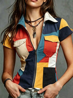 Ladies Short Sleeve Faux Denim Shirt Stand Collar Front Zipper Design Color Block Print Textureless Summer Vitality Style