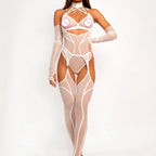 Lingeries Sexy Hot Tempted Intimate Bra Thong 2PC Set with Garter Belts Stockings Gloves Fantasy Sheer Daring Lingerie for Women