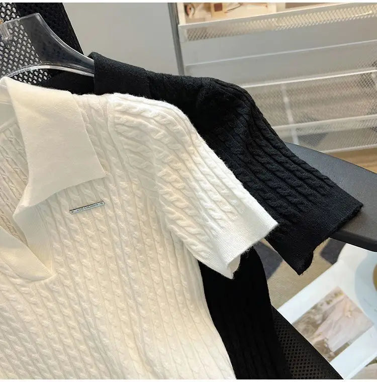 Summer Women's Polo-neck Short-sleeved Shirt Ice Silk Twist Stripe Knitting T-Shirt Thread Loose Minimalist Lapel Pullover Tees