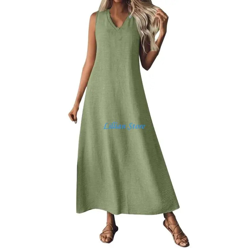 Q1FA Summer Dresses for Women Cotton Linen Maxi Dress Casual Sleeveless Long Sundress Vacation Outfits