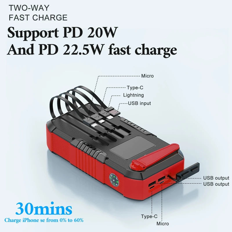 40000mAh Portable Solar Power Bank with Hand Crank Battery Charger Built in Cable Powerbank for iPhone 15 Xiaomi Samsung Huawei