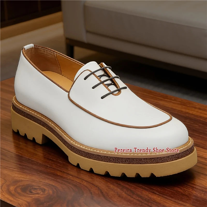 Classic Handmade Thick Soled Derby Shoes for Men British Style White Cowhide Business Dress Shoes Fashion Groom Wedding Shoes
