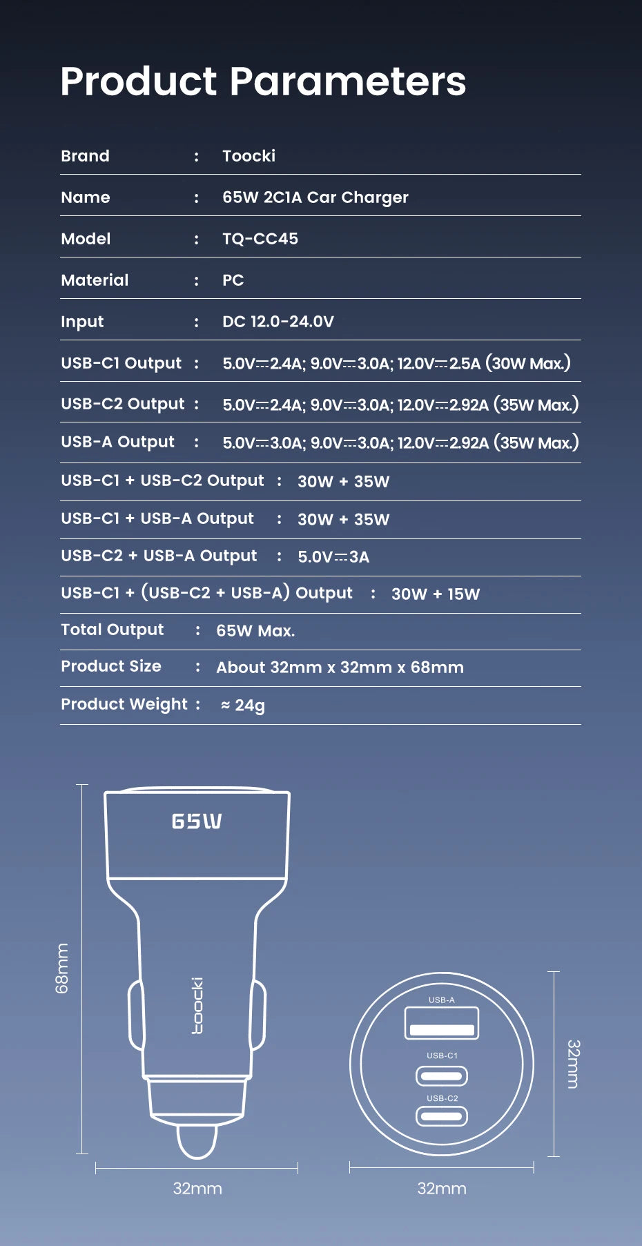 Toocki 65W Car Charger PD 35W Fast Charge for iPhone 16 15 14 Samsung S24 AFC USB C Car Phone Charger for Xiaomi Huawei Realme