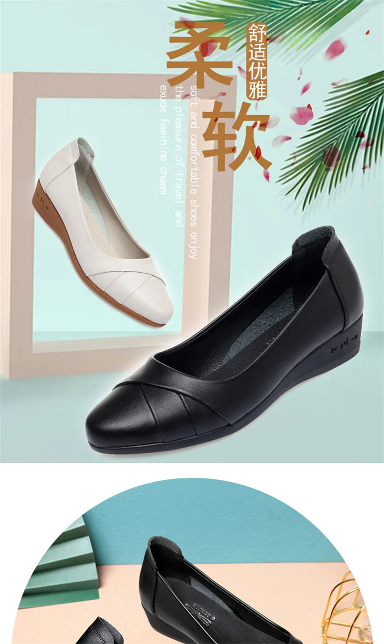 Women Fashion Light Weight Wedge Heel Comfort Spring Autumn Shoes Casual Sweet  Black Leather Soft Bottom Flat Shoes
