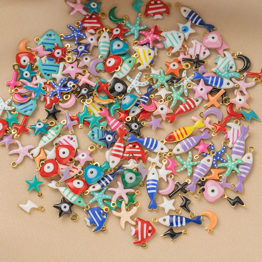 20pcs Stainless Steel Enamel Charms Mixed Moon Star Cross Fish Animal Charm Pendant DIY for Necklace Bracelet Jewelry Making