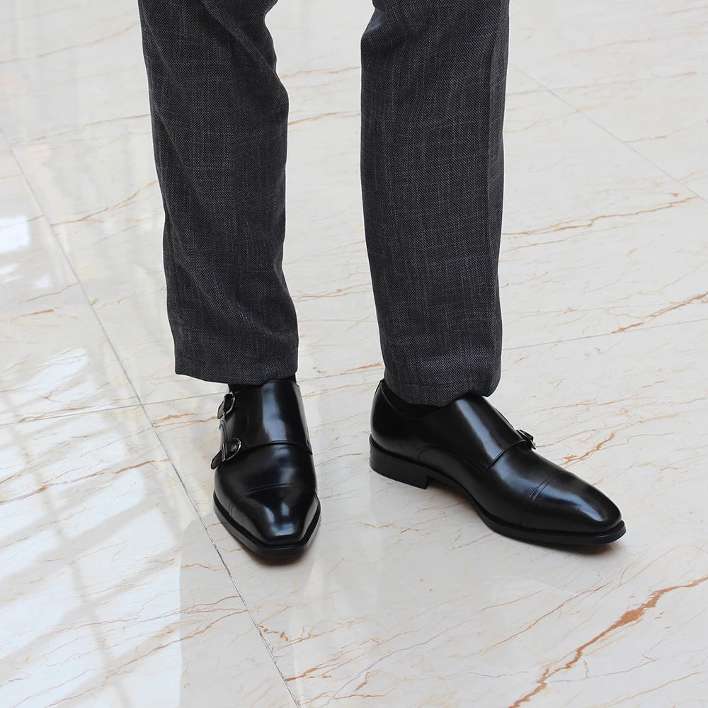 Luxury Genuine Leather Double Buckle Monk Strap Formal Shoes for Men Classic Cap Toe Business Office Wedding Dress Shoes